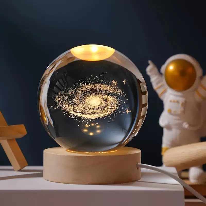 one94store 3d galaxy crystal ball night lamp engraved usb table led wooden light for home office decoration and birthday gift (galaxy)(warm white